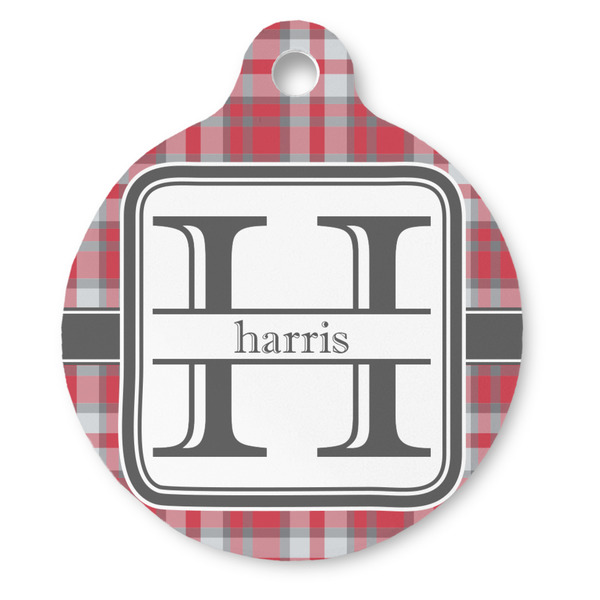 Custom Red & Gray Plaid Round Pet ID Tag (Personalized)