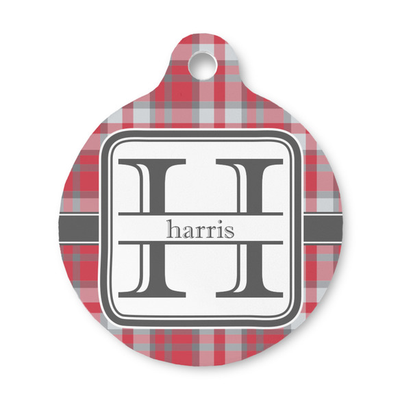 Custom Red & Gray Plaid Round Pet ID Tag - Small (Personalized)