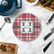 Red & Gray Plaid Round Stone Trivet - In Context View