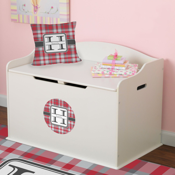 Red & Gray Plaid Round Wall Decal on Toy Chest