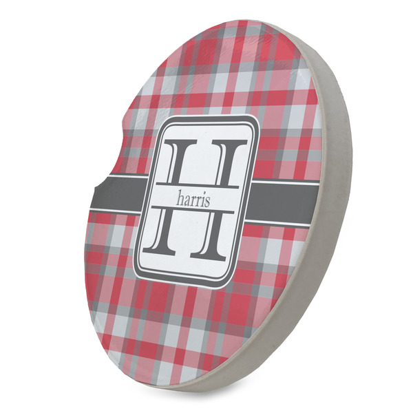 Red & Gray Plaid Sandstone Car Coaster - STANDING ANGLE