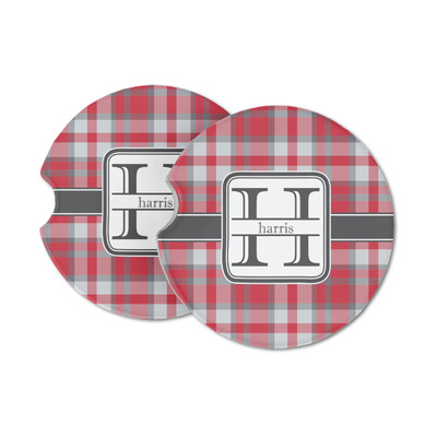 Red & Gray Plaid Sandstone Car Coasters (Personalized)