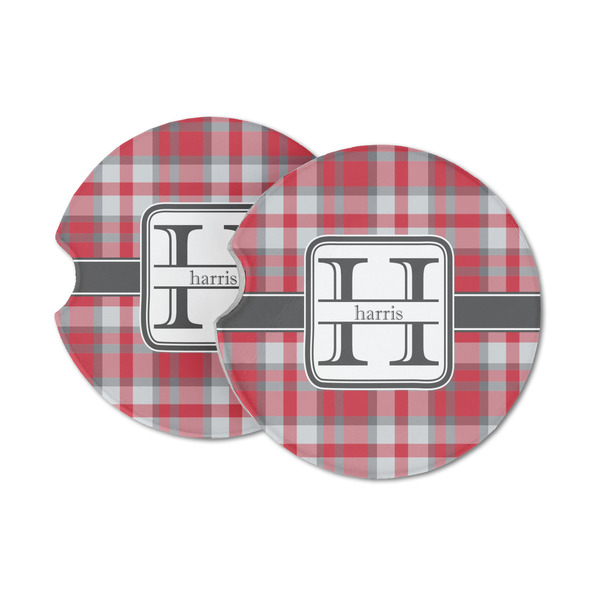 Custom Red & Gray Plaid Sandstone Car Coasters - Set of 2 (Personalized)