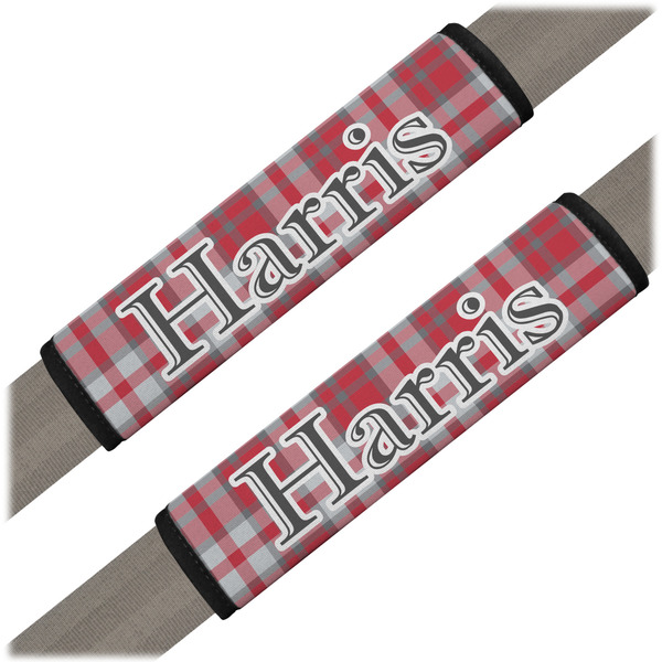 Custom Red & Gray Plaid Seat Belt Covers (Set of 2) (Personalized)