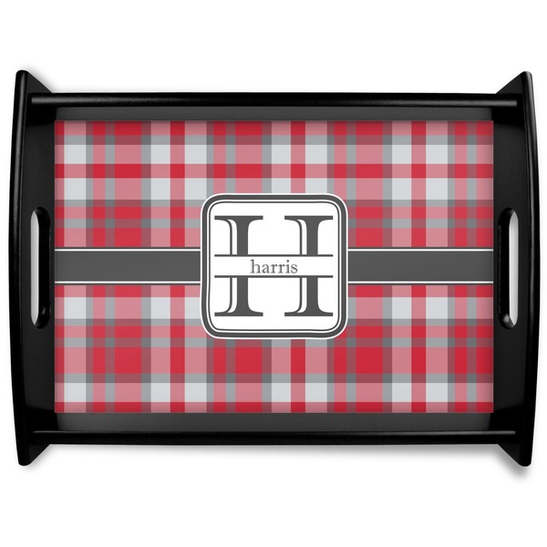 Custom Red & Gray Plaid Black Wooden Tray - Large (Personalized)