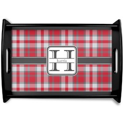 Red & Gray Plaid Black Wooden Tray - Small (Personalized)