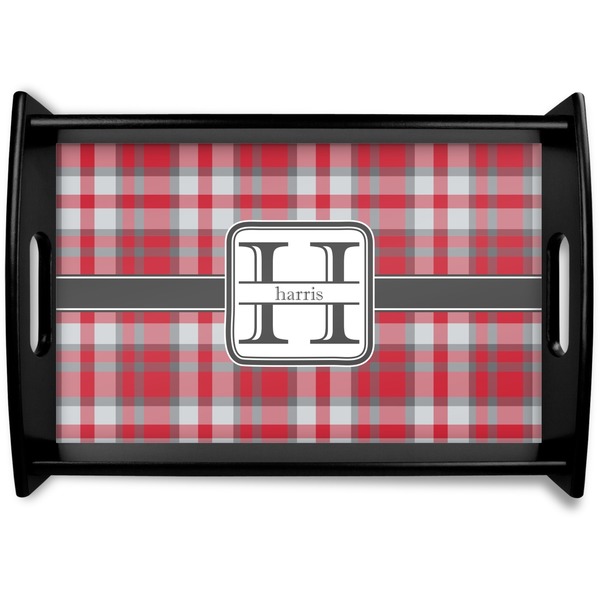 Custom Red & Gray Plaid Black Wooden Tray - Small (Personalized)