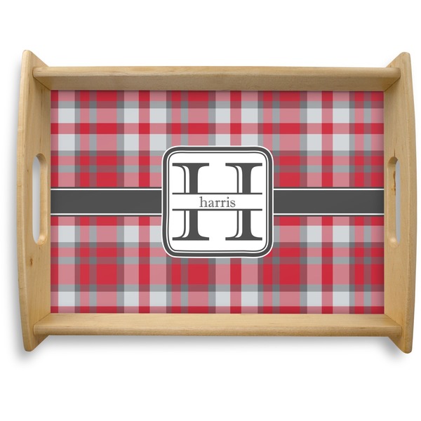 Custom Red & Gray Plaid Natural Wooden Tray - Large (Personalized)