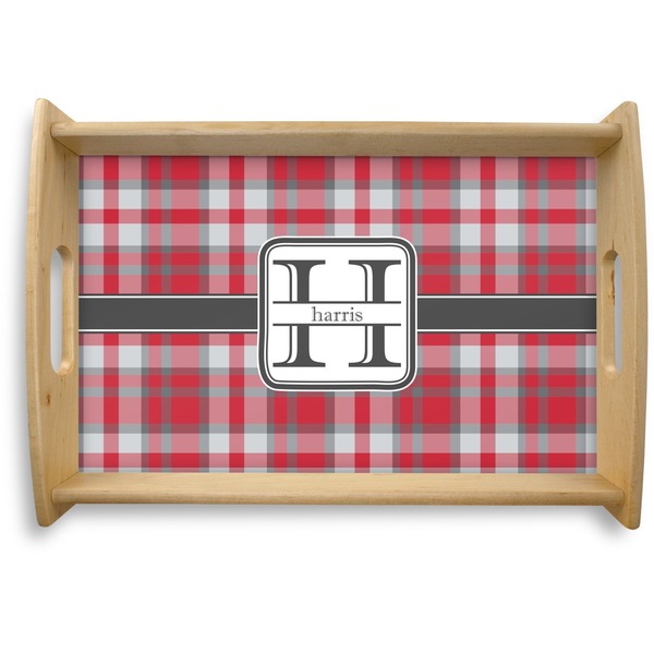 Custom Red & Gray Plaid Natural Wooden Tray - Small (Personalized)