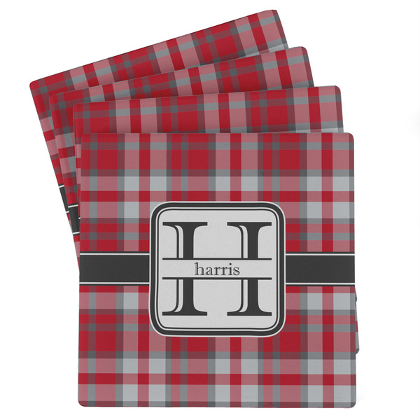 Custom Red & Gray Plaid Absorbent Stone Coasters - Set of 4 (Personalized)