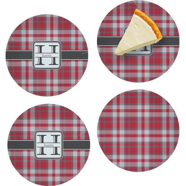 Custom Red & Gray Plaid Set of 4 Glass Appetizer / Dessert Plate 8" (Personalized)
