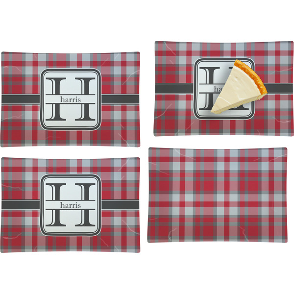 Custom Red & Gray Plaid Set of 4 Glass Rectangular Appetizer / Dessert Plate (Personalized)