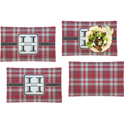 Red & Gray Plaid Set of 4 Glass Rectangular Lunch / Dinner Plate (Personalized)