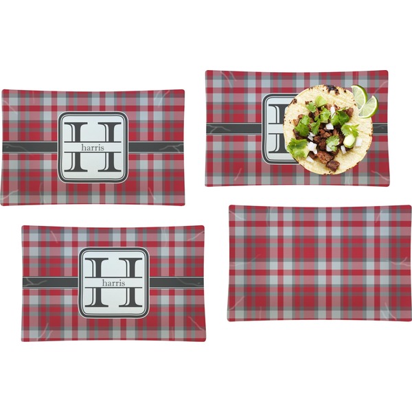 Custom Red & Gray Plaid Set of 4 Glass Rectangular Lunch / Dinner Plate (Personalized)