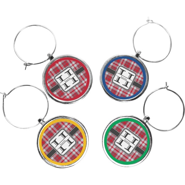 Custom Red & Gray Plaid Wine Charms (Set of 4) (Personalized)