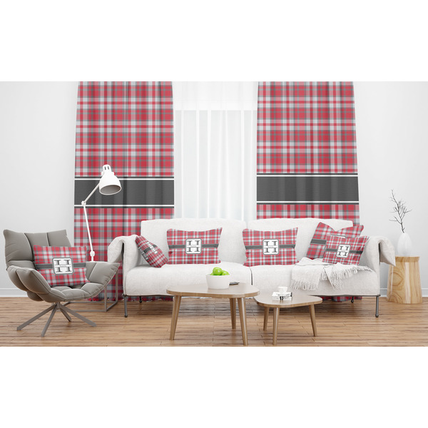 Red & Gray Plaid Sheer and Custom Curtains in Room with Matching Pillows