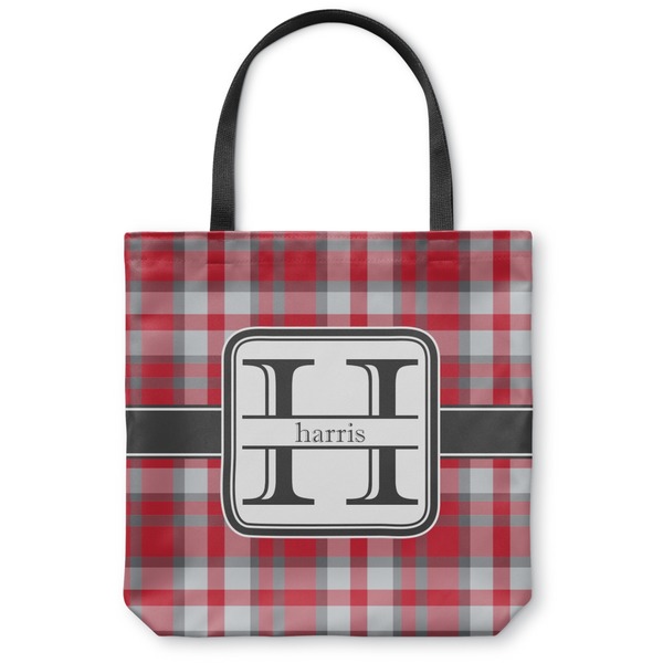 Custom Red & Gray Plaid Canvas Tote Bag (Personalized)