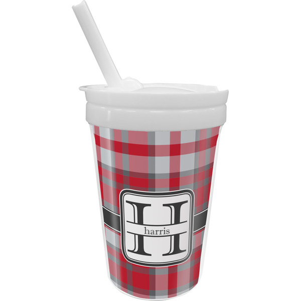 Custom Red & Gray Plaid Sippy Cup with Straw (Personalized)