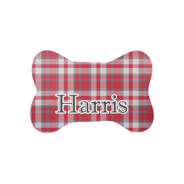 Custom Red & Gray Plaid Bone Shaped Dog Food Mat (Small) (Personalized)