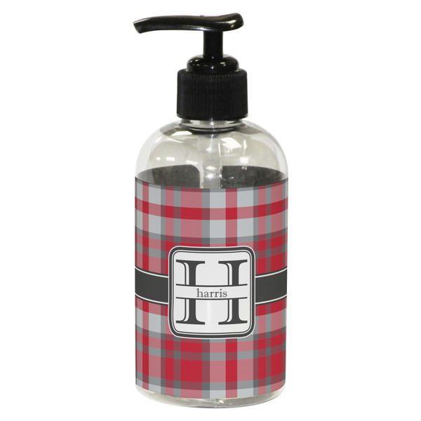 Custom Red & Gray Plaid Plastic Soap / Lotion Dispenser (8 oz - Small - Black) (Personalized)