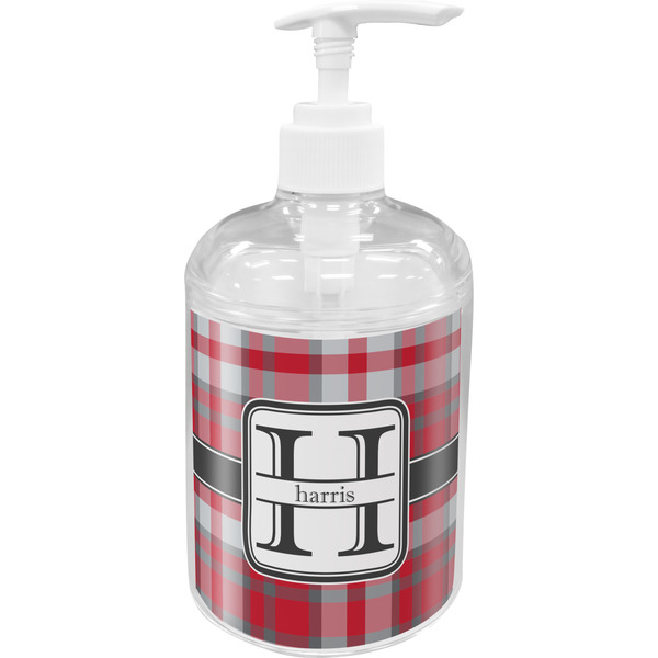 Custom Red & Gray Plaid Acrylic Soap & Lotion Bottle (Personalized)