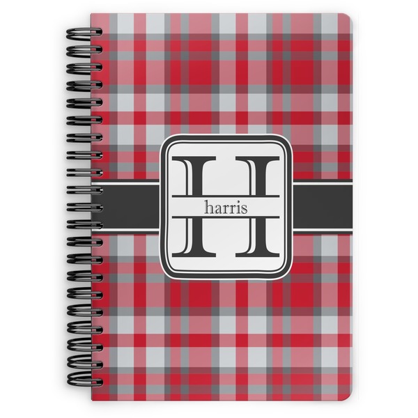 Custom Red & Gray Plaid Spiral Notebook - 7x10 w/ Name and Initial