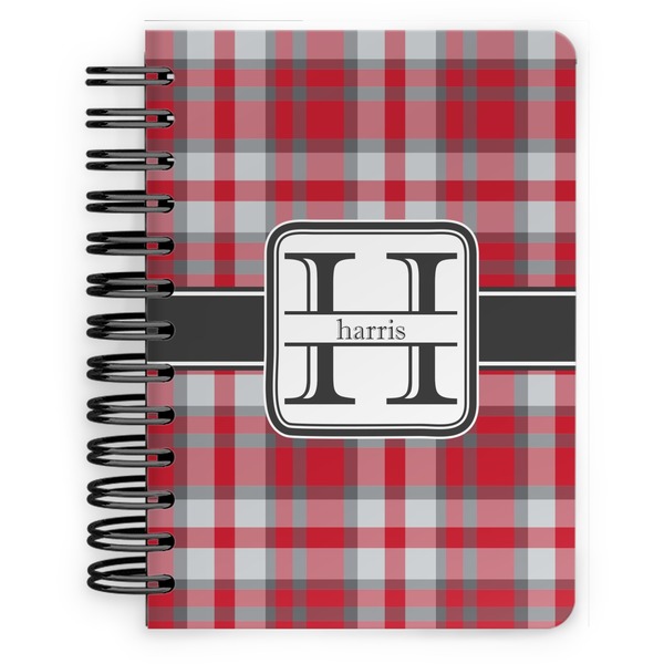 Custom Red & Gray Plaid Spiral Notebook - 5x7 w/ Name and Initial