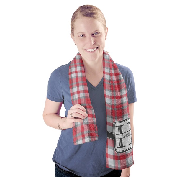 Red & Gray Plaid Sport Towel - Exercise use - Model