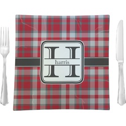 Red & Gray Plaid Glass Square Lunch / Dinner Plate 9.5" (Personalized)