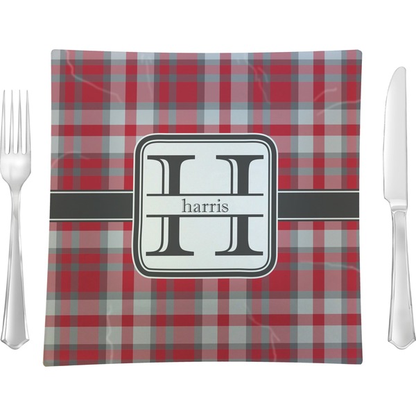 Custom Red & Gray Plaid 9.5" Glass Square Lunch / Dinner Plate- Single or Set of 4 (Personalized)