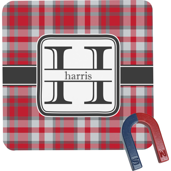 Custom Red & Gray Plaid Square Fridge Magnet (Personalized)
