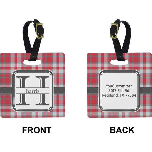 Red & Gray Plaid Square Luggage Tag (Front + Back)