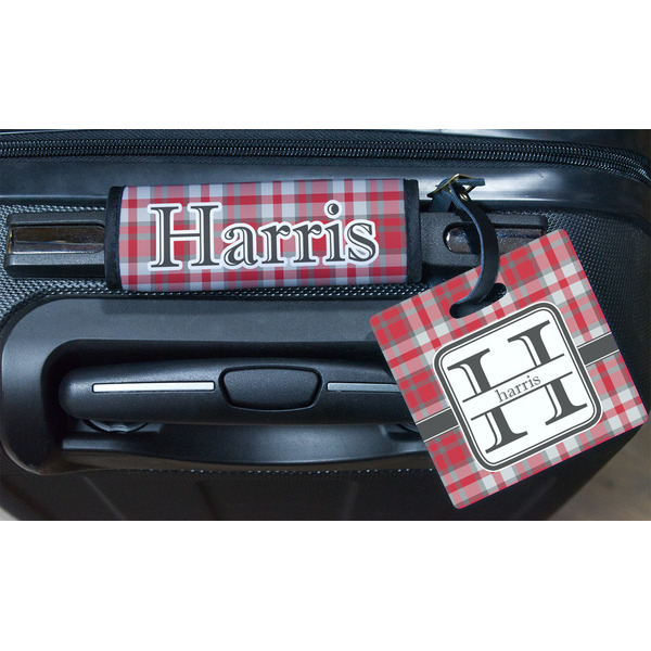 Red & Gray Plaid Square Luggage Tag & Handle Wrap - In Context