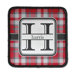 Red & Gray Plaid Iron On Square Patch w/ Name and Initial
