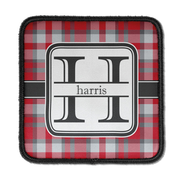 Custom Red & Gray Plaid Iron On Square Patch w/ Name and Initial