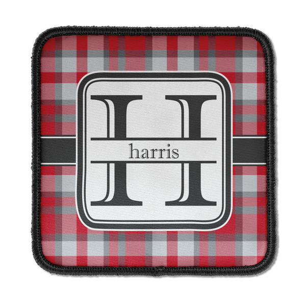 Custom Red & Gray Plaid Iron On Square Patch w/ Name and Initial