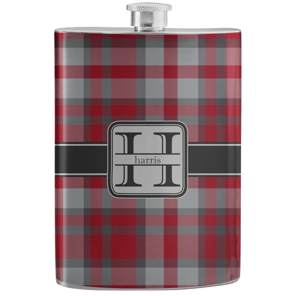 Custom Red & Gray Plaid Stainless Steel Flask (Personalized)