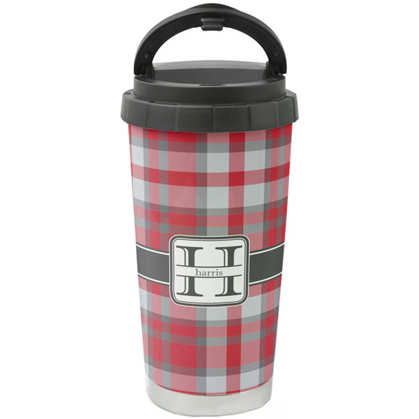 Custom Red & Gray Plaid Stainless Steel Coffee Tumbler (Personalized)