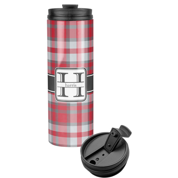 Custom Red & Gray Plaid Stainless Steel Skinny Tumbler (Personalized)