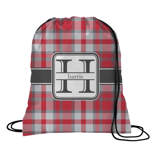 Custom Red & Gray Plaid Drawstring Backpack - Large (Personalized)