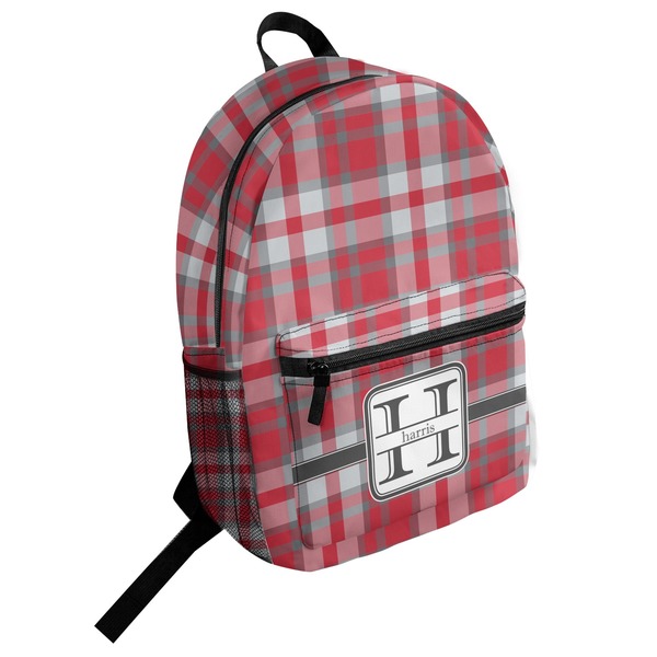 Custom Red & Gray Plaid Student Backpack (Personalized)