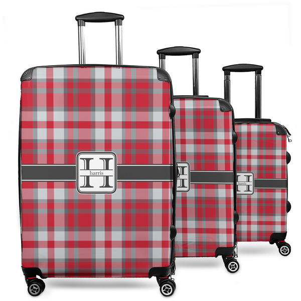 Custom Red & Gray Plaid 3 Piece Luggage Set - 20" Carry On, 24" Medium Checked, 28" Large Checked (Personalized)