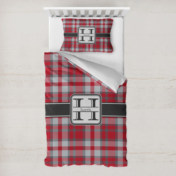 Custom Red & Gray Plaid Toddler Bedding w/ Name and Initial