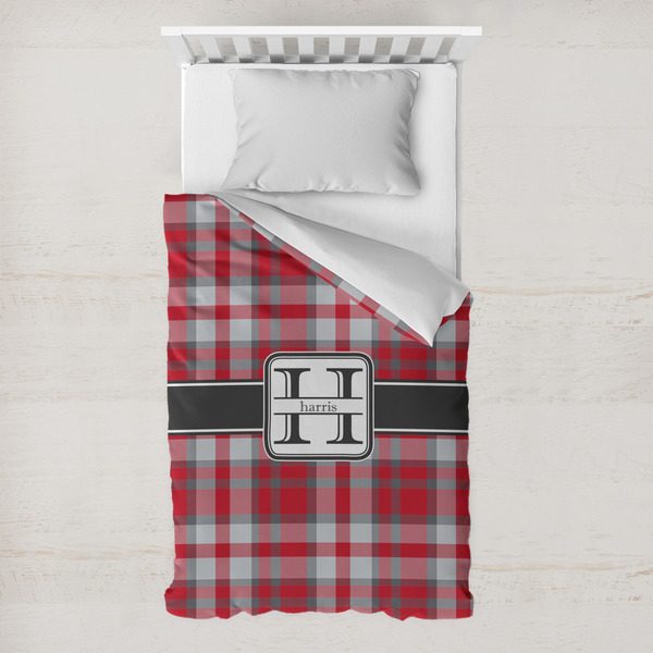 Custom Red & Gray Plaid Toddler Duvet Cover w/ Name and Initial