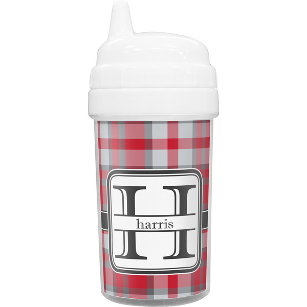 Custom Red & Gray Plaid Toddler Sippy Cup (Personalized)