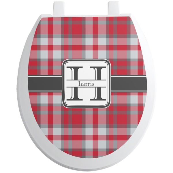 Custom Red & Gray Plaid Toilet Seat Decal - Round (Personalized)
