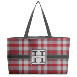 Red & Gray Plaid Beach Totes Bag - w/ Black Handles (Personalized)