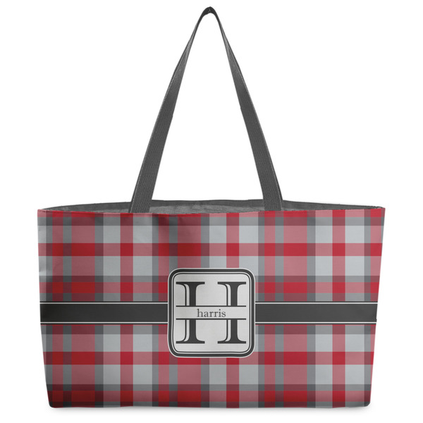 Custom Red & Gray Plaid Beach Totes Bag - w/ Black Handles (Personalized)