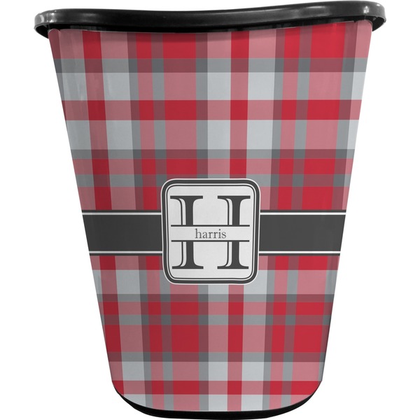 Custom Red & Gray Plaid Waste Basket - Double Sided (Black) (Personalized)