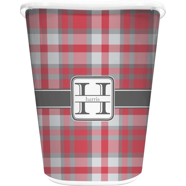 Custom Red & Gray Plaid Waste Basket - Double Sided (White) (Personalized)